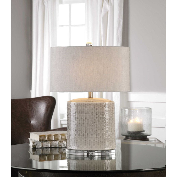 Uttermost Modica Taupe and Gray Glazed Ceramic Table Lamp With Beige Linen Shadeb