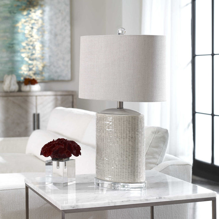 Uttermost Modica Taupe and Gray Glazed Ceramic Table Lamp With Beige Linen Shadeb