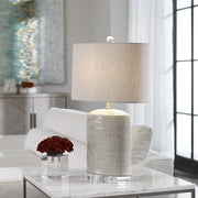Uttermost Modica Taupe and Gray Glazed Ceramic Table Lamp With Beige Linen Shadeb