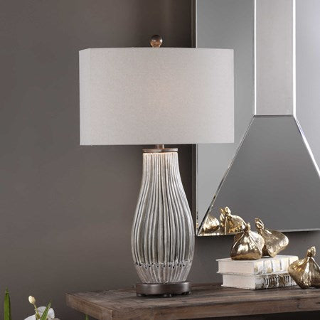 Uttermost Katerini Set of 2 Textured Gray Ceramic Table Lamps With Beige Linen Shades