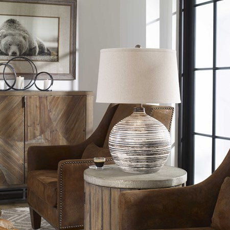 Uttermost Bloxom Dark Mocha Bronze Glazed Textured Ceramiv Table Lamp With Oatmeal Linen Shade