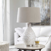 Uttermost Camellia Gloss White Glazed Embossed Ceramic Table Lamp With Oatmeal Linen Shade