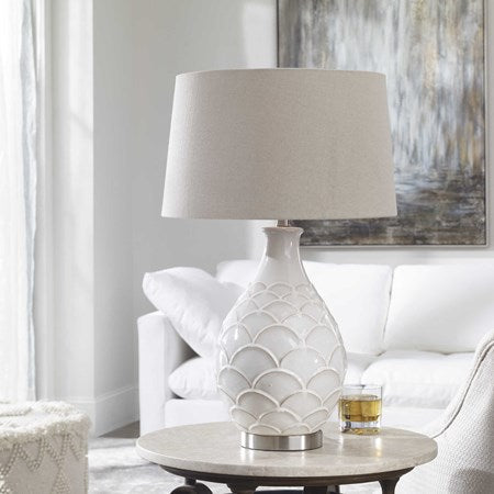 Uttermost Camellia Gloss White Glazed Embossed Ceramic Table Lamp With Oatmeal Linen Shade