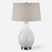 Uttermost Camellia Gloss White Glazed Embossed Ceramic Table Lamp With Oatmeal Linen Shade