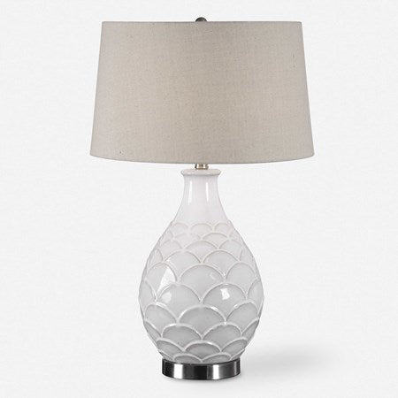 Uttermost Camellia Gloss White Glazed Embossed Ceramic Table Lamp With Oatmeal Linen Shade