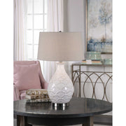 Uttermost Camellia Gloss White Glazed Embossed Ceramic Table Lamp With Oatmeal Linen Shade