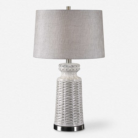 Uttermost Kansa Gloss White Glaze Table Lamp With Beige Linen Shade
