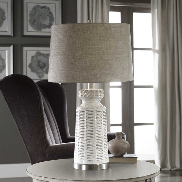 Uttermost Kansa Gloss White Glaze Table Lamp With Beige Linen Shade