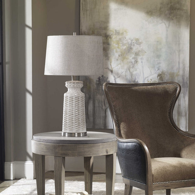 Uttermost Kansa Gloss White Glaze Table Lamp With Beige Linen Shade