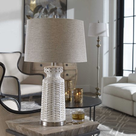 Uttermost Kansa Gloss White Glaze Table Lamp With Beige Linen Shade