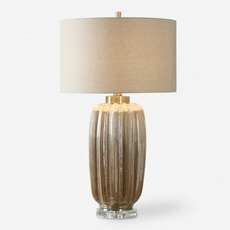 Uttermost Gistova Ivory and Rust Brown Glazed Ribbed Ceramic Table Lamp With Linen Shade