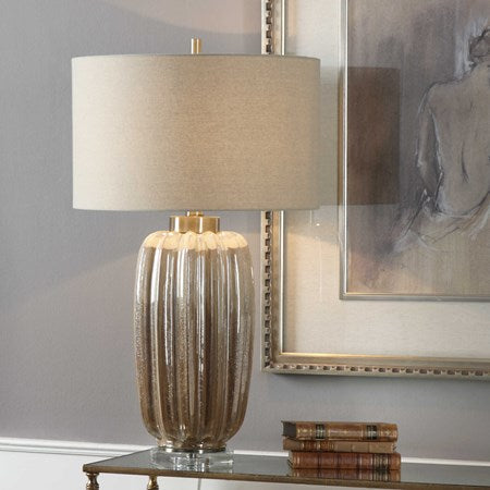 Uttermost Gistova Ivory and Rust Brown Glazed Ribbed Ceramic Table Lamp With Linen Shade