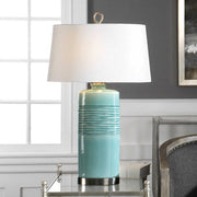 Uttermost Rila Teal Glazed Ceramic Table Lamp With Off-White Linen Shade