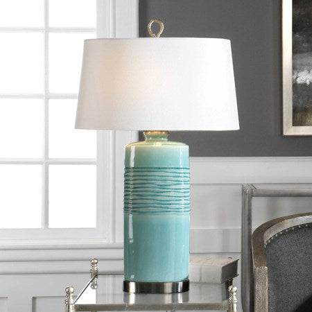 Uttermost Rila Teal Glazed Ceramic Table Lamp With Off-White Linen Shade