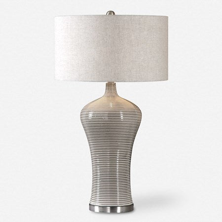 Uttermost Dubrava Light Gray Glazed Ribbed Ceramic Table Lamp With Oatmeal Linen Shade