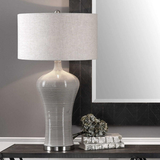 Uttermost Dubrava Light Gray Glazed Ribbed Ceramic Table Lamp With Oatmeal Linen Shade