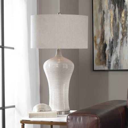 Uttermost Dubrava Light Gray Glazed Ribbed Ceramic Table Lamp With Oatmeal Linen Shade