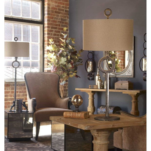 Uttermost Ferro Aged Rust Bronze Iron Table Lamp With Beige Linen Shade
