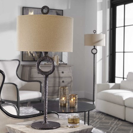 Uttermost Ferro Aged Rust Bronze Iron Table Lamp With Beige Linen Shade