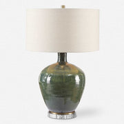 Uttermost Elva Emerald Green Glazed Ceramic Table Lamp With Beige Linen Shade