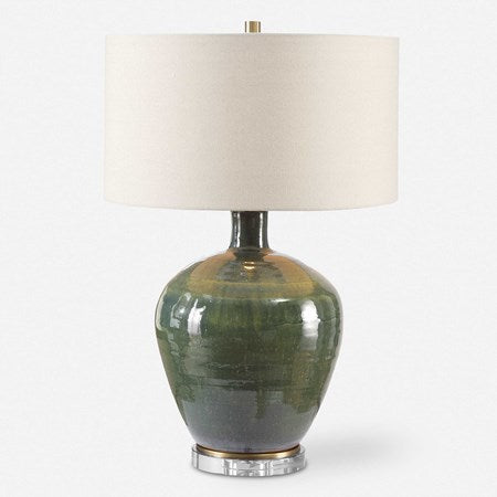 Uttermost Elva Emerald Green Glazed Ceramic Table Lamp With Beige Linen Shade