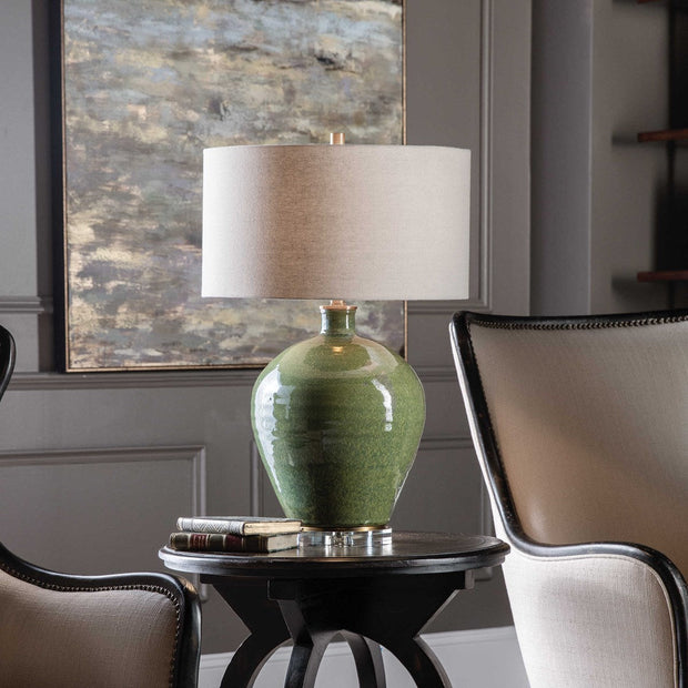 Uttermost Elva Emerald Green Glazed Ceramic Table Lamp With Beige Linen Shade