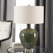 Uttermost Elva Emerald Green Glazed Ceramic Table Lamp With Beige Linen Shade