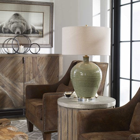 Uttermost Elva Emerald Green Glazed Ceramic Table Lamp With Beige Linen Shade