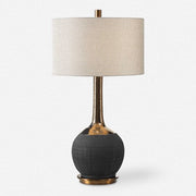 Uttermost Arnav Matte Black and Golden Bronze Table Lamp With Light Gray Linen Drum Shade