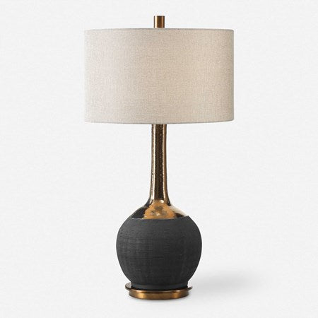 Uttermost Arnav Matte Black and Golden Bronze Table Lamp With Light Gray Linen Drum Shade