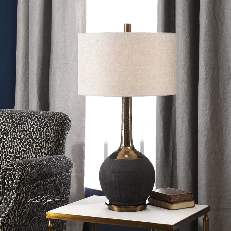 Uttermost Arnav Matte Black and Golden Bronze Table Lamp With Light Gray Linen Drum Shade