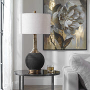 Uttermost Arnav Matte Black and Golden Bronze Table Lamp With Light Gray Linen Drum Shade