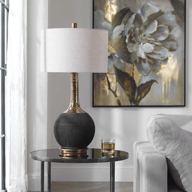 Uttermost Arnav Matte Black and Golden Bronze Table Lamp With Light Gray Linen Drum Shade