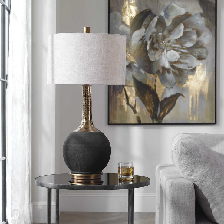 Uttermost Arnav Matte Black and Golden Bronze Table Lamp With Light Gray Linen Drum Shade