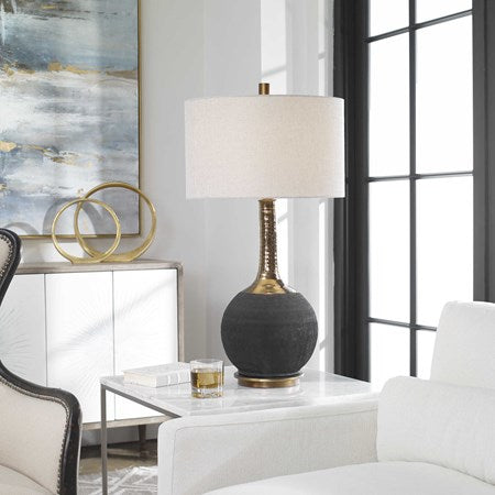 Uttermost Arnav Matte Black and Golden Bronze Table Lamp With Light Gray Linen Drum Shade