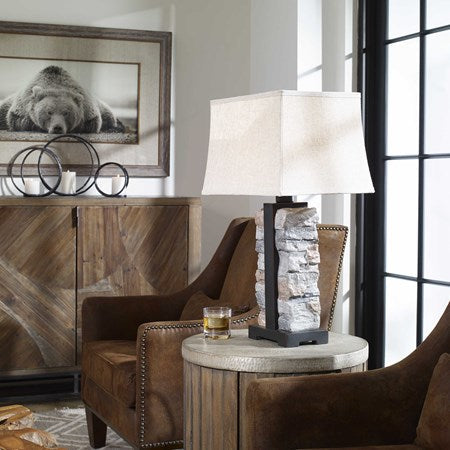 Uttermost Kodiak Stacked Stone Outdoor Table Lamp With Weather Resistant Fabric Shade