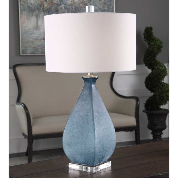 Uttermost Atlantica Ocean Blue Glass Table Lamp With White Linen Drum Shade