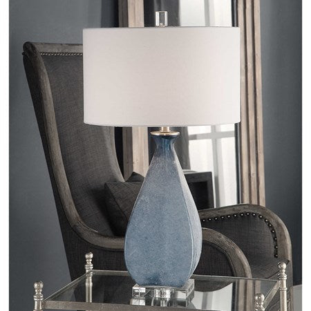 Uttermost Atlantica Ocean Blue Glass Table Lamp With White Linen Drum Shade