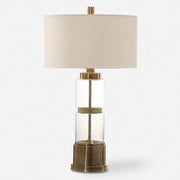 Uttermost Vaiga Antique Brass and Clear Glass Table Lamp With White Linen Shade