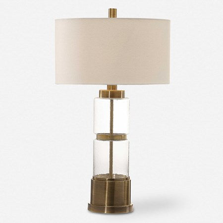 Uttermost Vaiga Antique Brass and Clear Glass Table Lamp With White Linen Shade