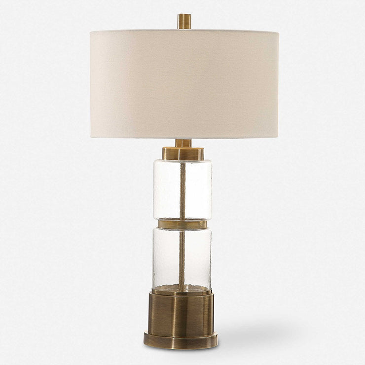 Uttermost Vaiga Antique Brass and Clear Glass Table Lamp With White Linen Shade