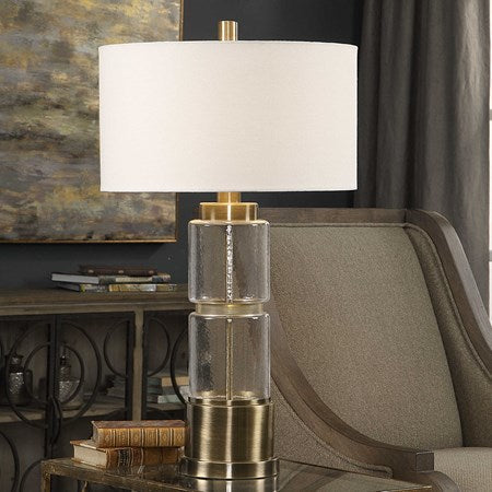 Uttermost Vaiga Antique Brass and Clear Glass Table Lamp With White Linen Shade