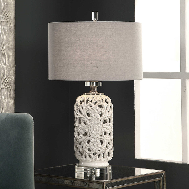Uttermost Dahlina Pierced Ceramic Table Lamp With Light Gray Linen Shade