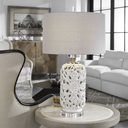 Uttermost Dahlina Pierced Ceramic Table Lamp With Light Gray Linen Shade