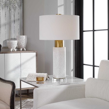 Uttermost Vaeshon Brushed Brass and Crystal Concrete Table Lamp With White Linen Shade