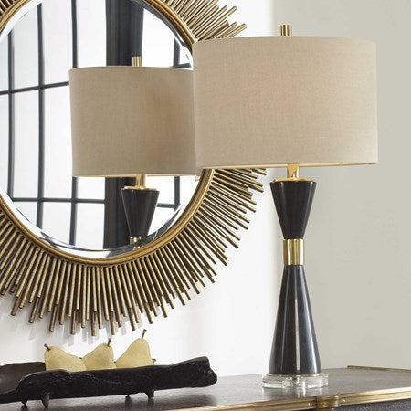 Uttermost Alastair Black Marble and Gold Hourglass Table Lamp With Beige Linen Shade