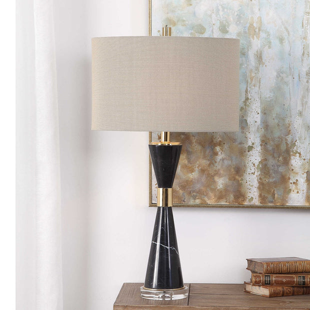 Uttermost Alastair Black Marble and Gold Hourglass Table Lamp With Beige Linen Shade
