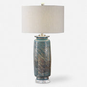 Uttermost Olesya Ocean Blue and Metallic Bronze Table Lamp With Beige Linen Shade