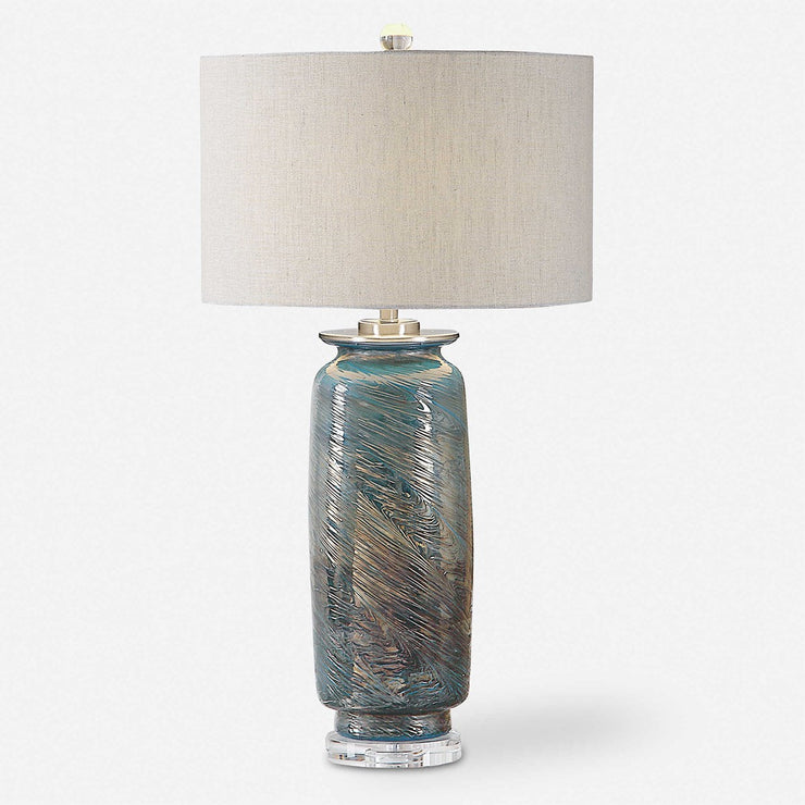 Uttermost Olesya Ocean Blue and Metallic Bronze Table Lamp With Beige Linen Shade