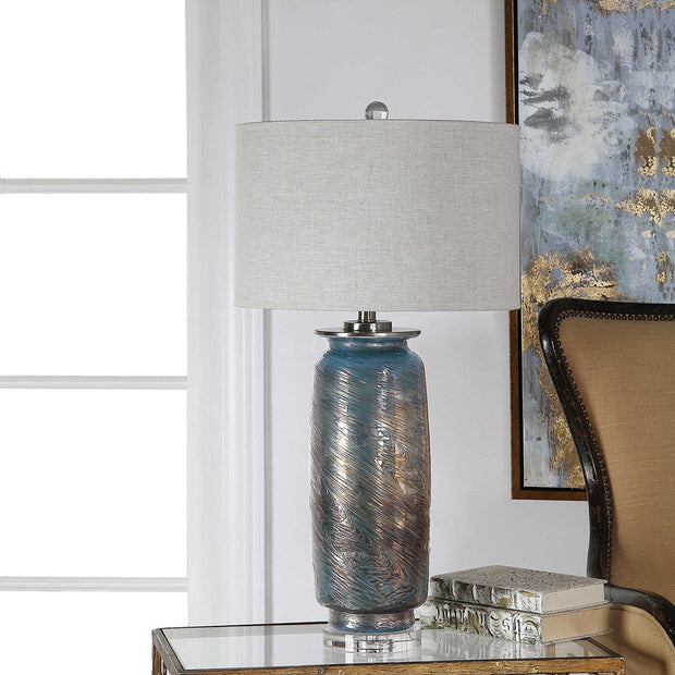 Uttermost Olesya Ocean Blue and Metallic Bronze Table Lamp With Beige Linen Shade